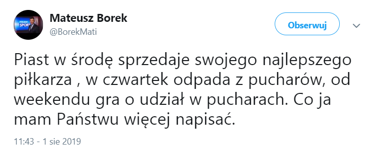 Mateusz Borek PODSUMOWAŁ ostatnie dni Piasta...